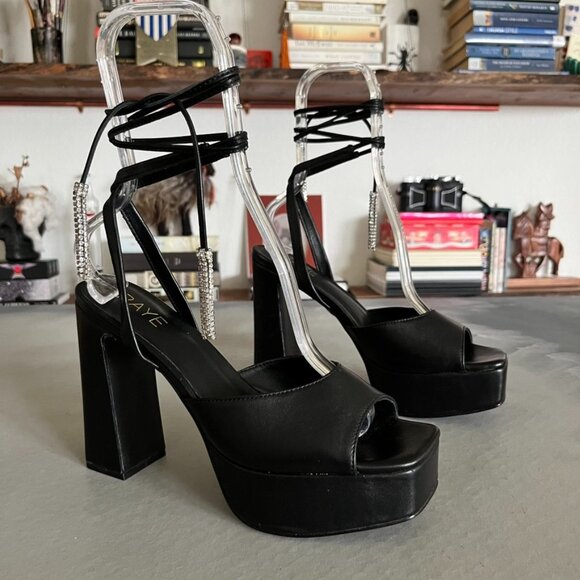 Raye Revolve Black Dot Platform Tie Up Wrap Block Heels - Picture 2 of 14